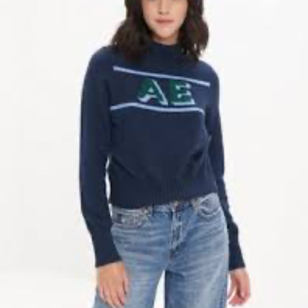 American Eagle Outfitters Woven High Neck Casual Womans Blue Turtleneck